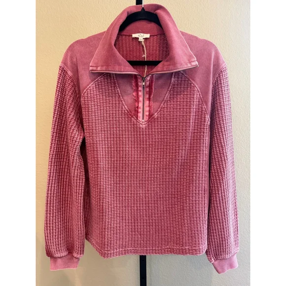 Easel Women's Thermal Waffle Knit Zip-Up Washed Long Sleeve Top Mulberry Size S - Picture 3 of 9